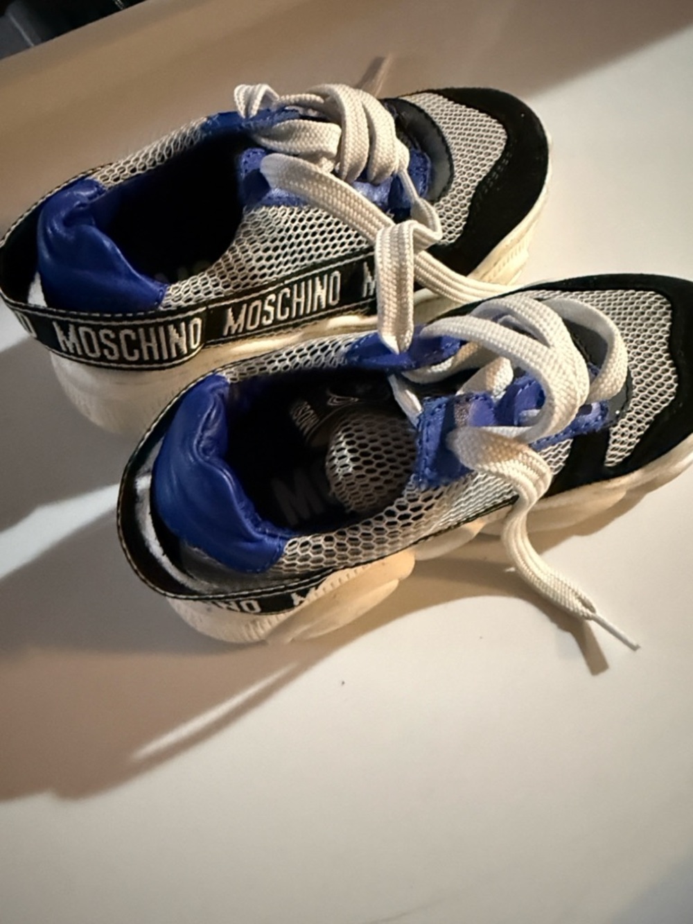 Moschino Kids White, Blue & Black Logo Strap Sneakers